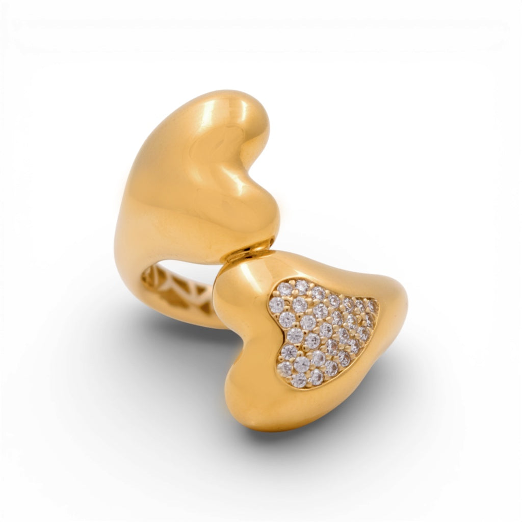 14K Yellow Gold Two Hearts Women's Ring with Cz / Size: 8.5 / Weight: 4.1 GR / Y24-926