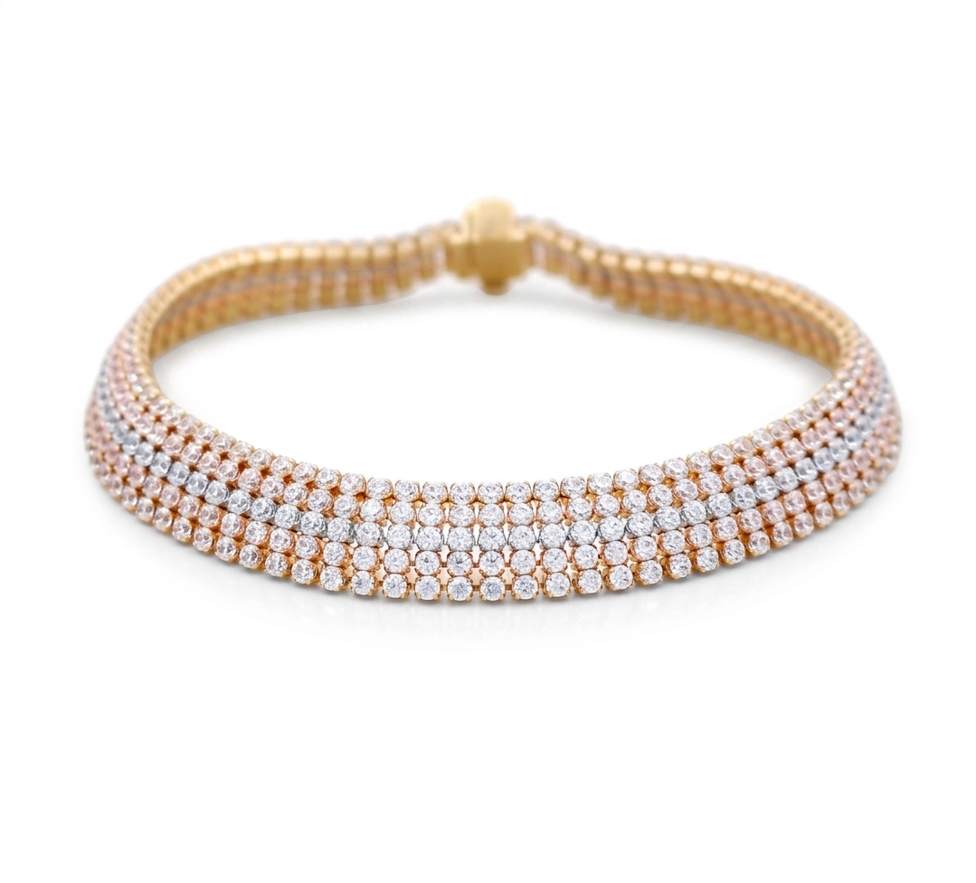 14K Yellow, White and Rose Women’s Tennis Bracelet with Cz/ Weight: 14.2 GR / Size: 7.5”