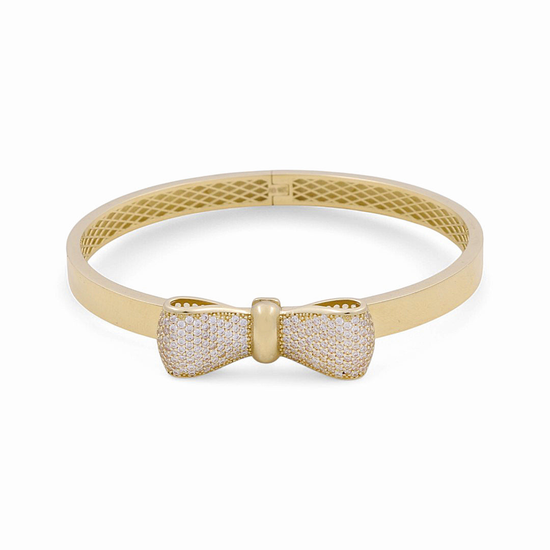 Brazalete semisólido de lazo W para mujer de oro amarillo 10K / Zirconia / Peso: 12.0 GR / P61B-409