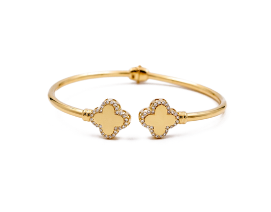 14K Yellow Gold SemiSolid Bangle Bracelet with Two Clovers and Cz / Weight: 8 GR