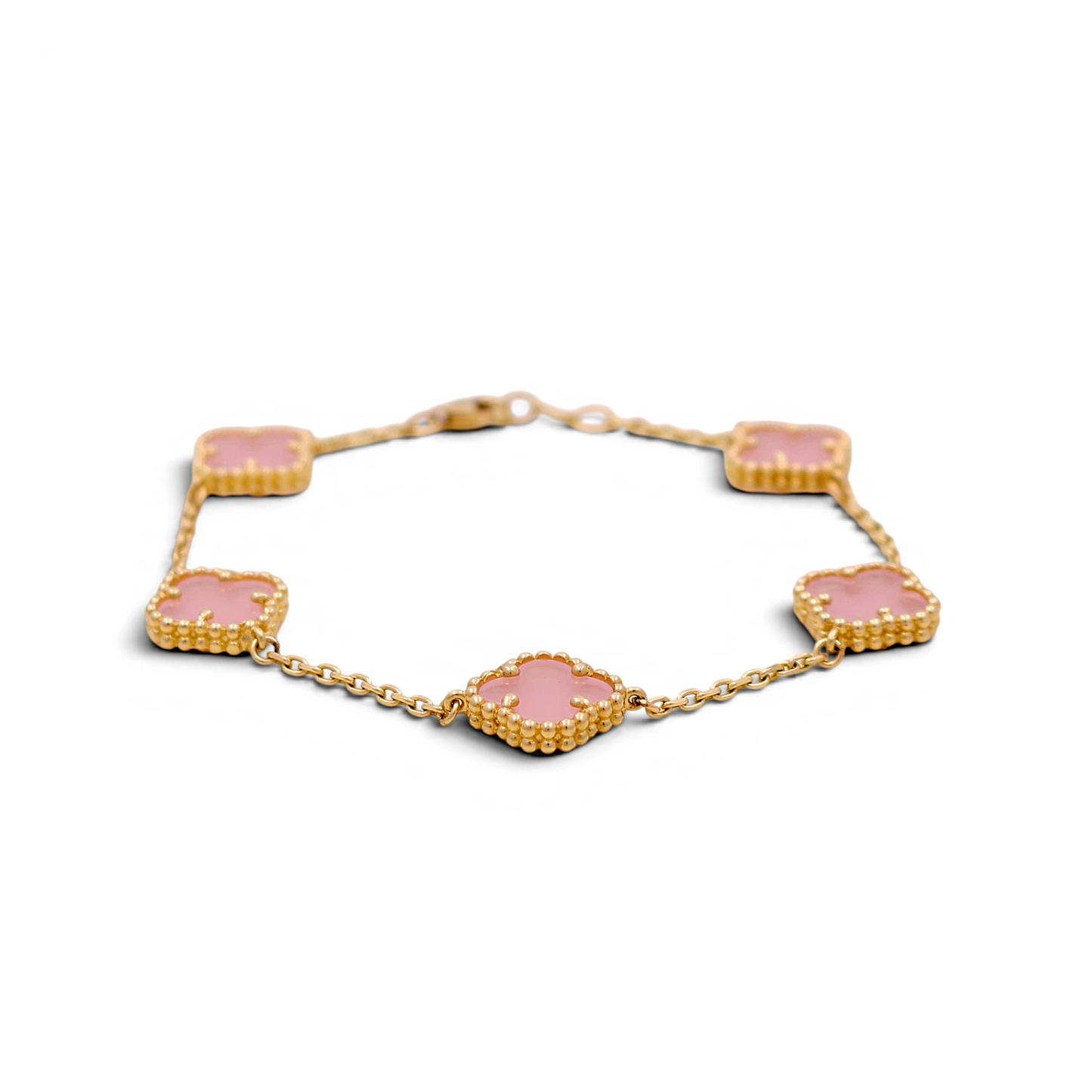 14K Yellow Gold Women's Bracelet with 5 Pink Clover / Size: 7" / Weight: 7.2 GR