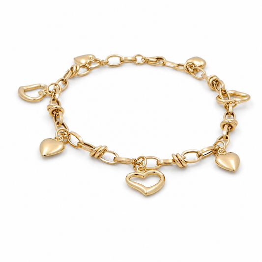 14K Yellow Gold Women's Bracelet With Open Link and Heart Charms / Size: 7.5" / Weight: 4.9 GR