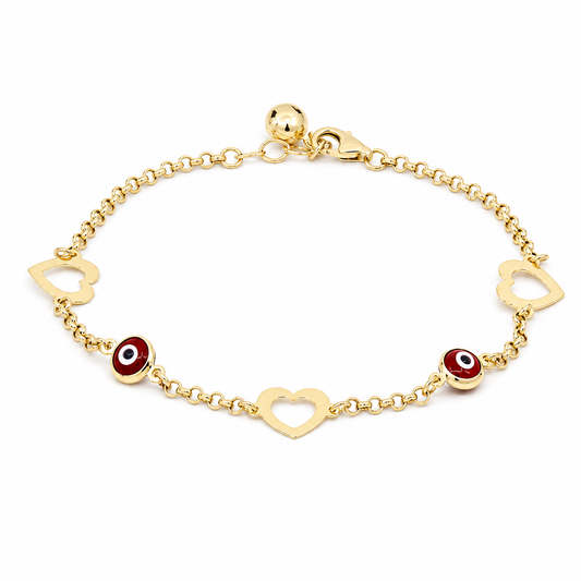 14K Yellow Gold Hearts Women's Bracelet with Red Eyes / Stone: Cz / Size: 7.5" / Weight: 2.5 GR / DOWB4RLHR