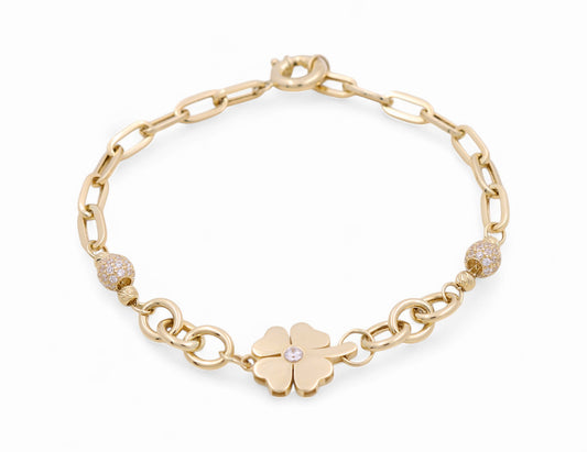 14K Yellow Gold Women's Fashion Clover Bracelet with CZ / Size: 7.5" / Weight: 5.4 GR / P78B-11