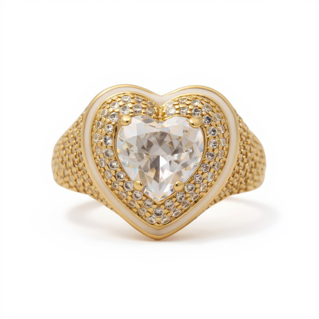 14K Yellow Gold Fashion Heart Women's Ring with White Cz / Size: 7 / Weight: 5.3 GR / BOWR4HR-17