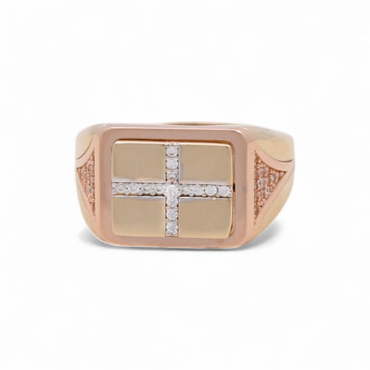 14K Yellow and Rose Gold Cross Men's Ring with White Cz / Size: 11 / Weight: 5.3 GR