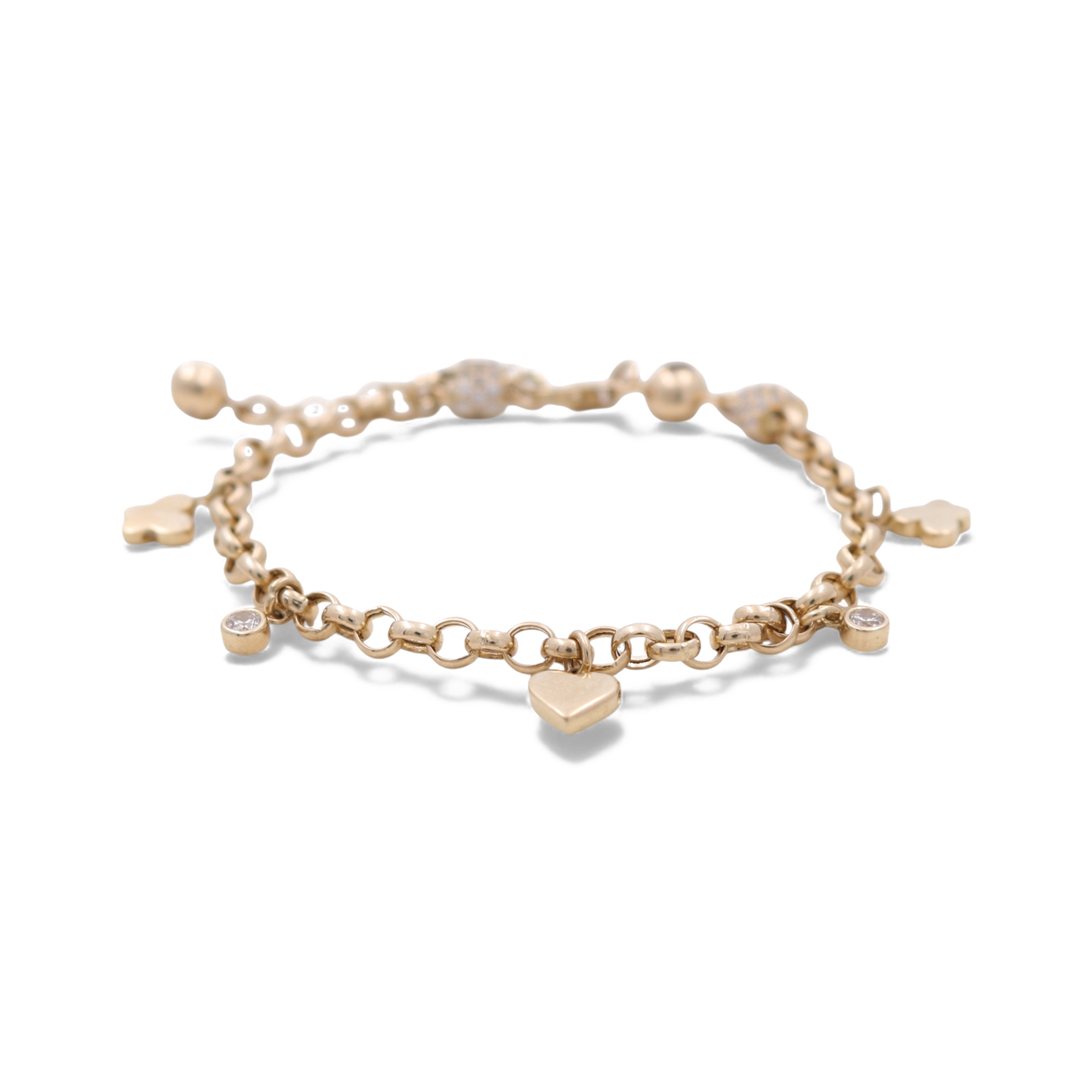 14k Yellow Gold Rolo Link Women's Bracelet with Charms and Cz / Size: 7.5" / Weight: 5.5 GR / CCFWB4FS-3