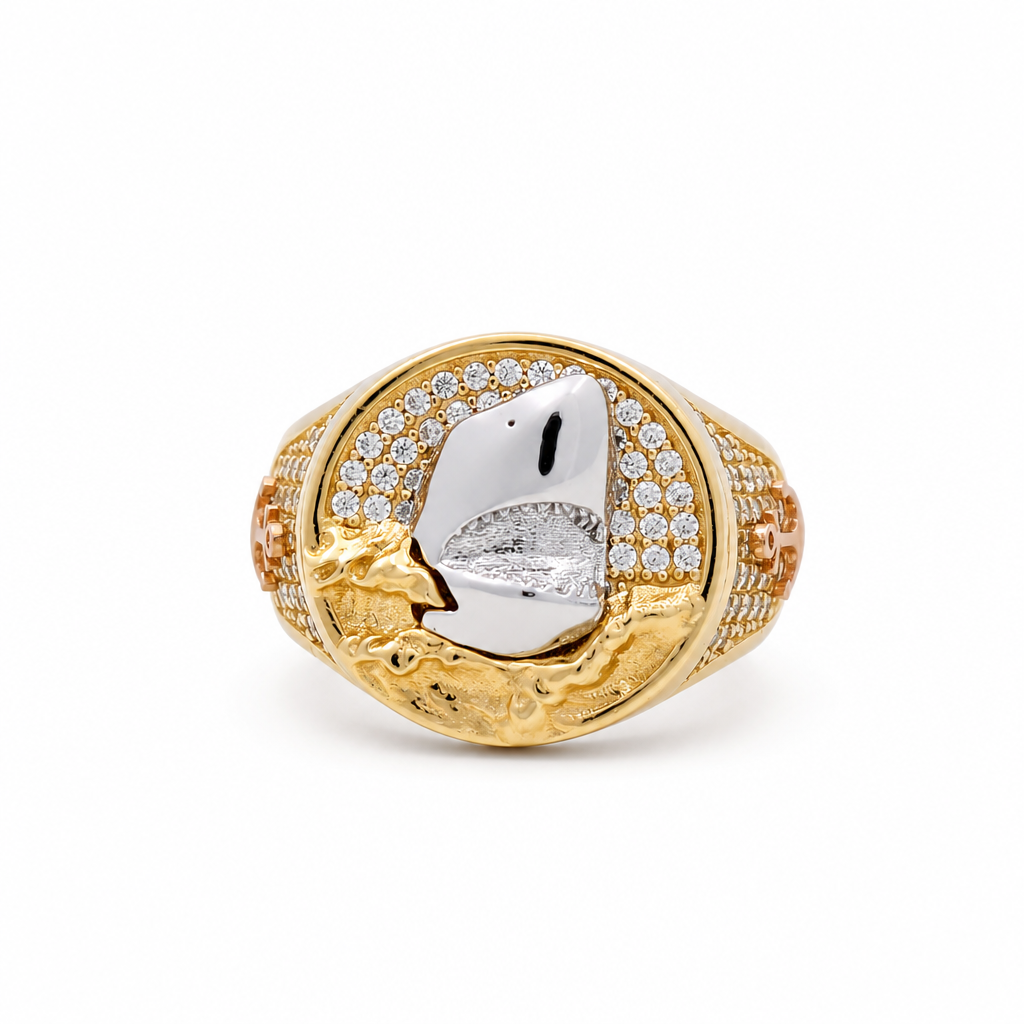 14K Yellow and White Gold RD Shark Men's Ring with Cz / Size: 9.5 / Weight: 7.4 GR