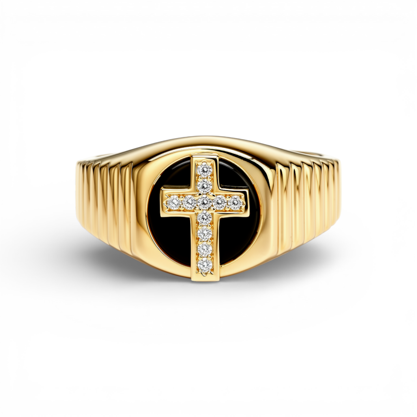 10K Yellow Gold Round Kids Ring with Cross and Onyx / Stone: Cz / Size: 5.5 / Weight: 2.4 GR / DQKR0CS