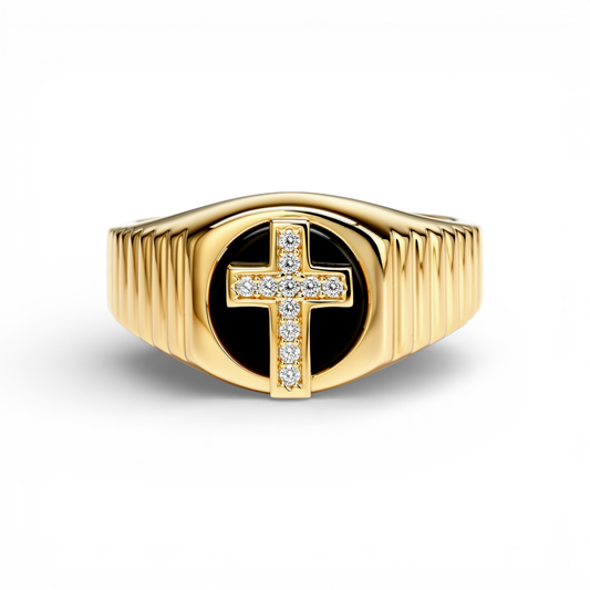 10K Yellow Gold Round Kids Ring with Cross and Onyx / Stone: Cz / Size: 5.5 / Weight: 2.4 GR / DQKR0CS