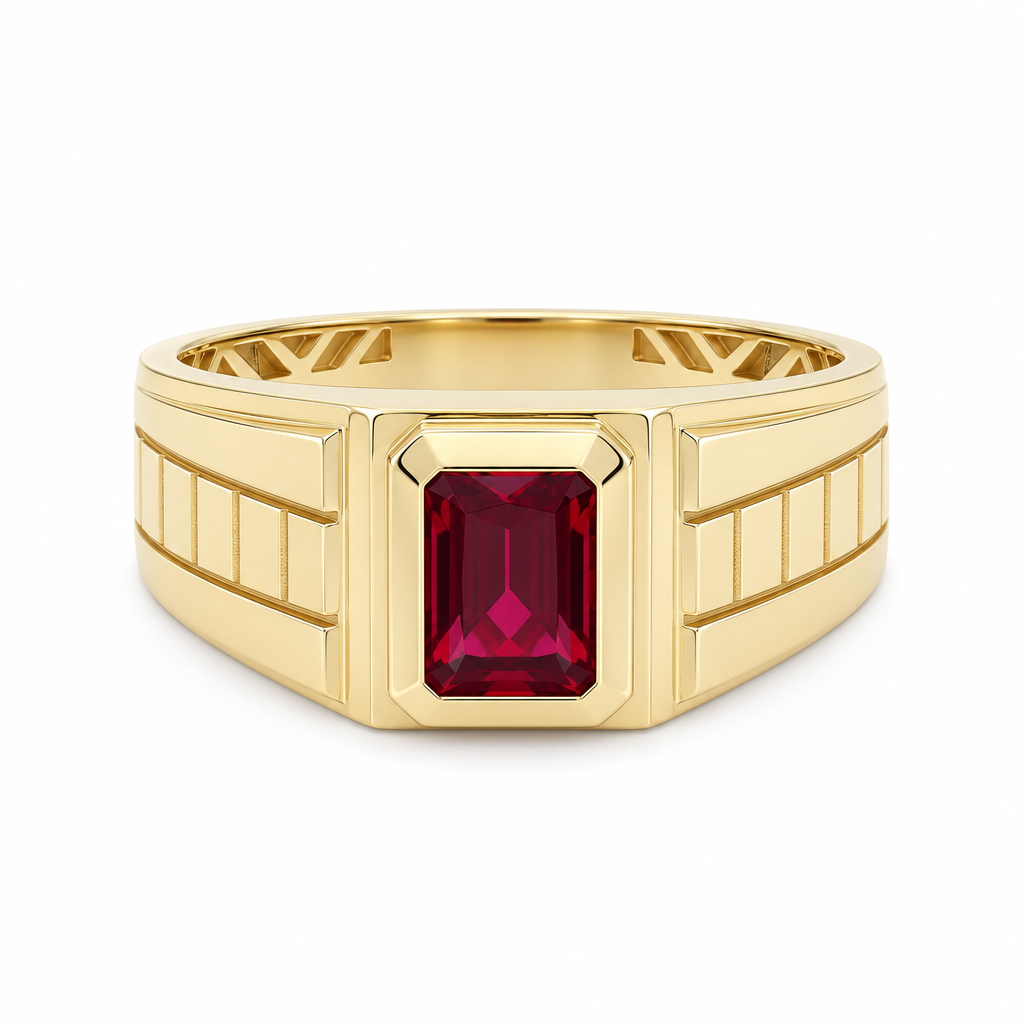 14K Yellow Gold SQ Fashion Men's Ring with Red Cz / Size: 10 / Weight: 4.5 GR / DQMR4FS-15