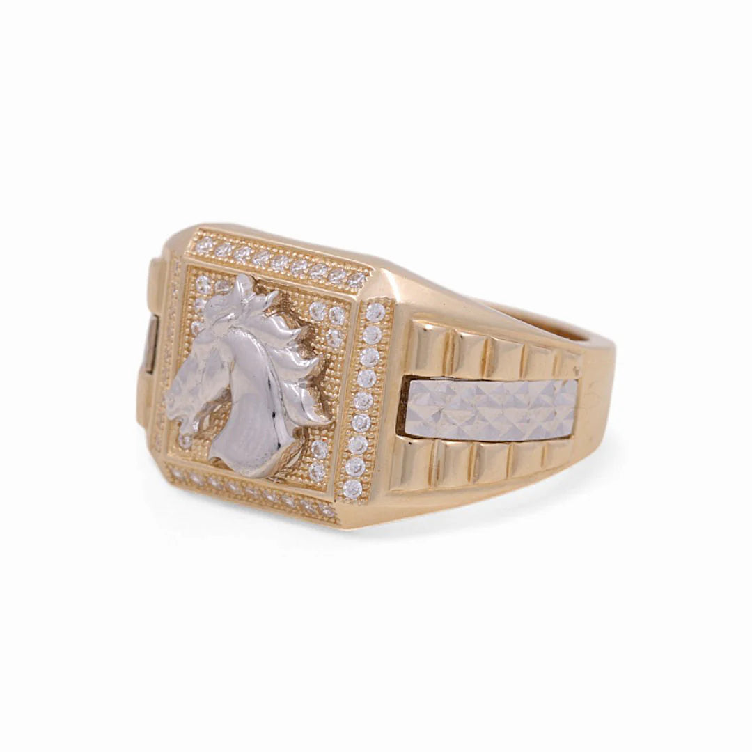 14k Two Tone Square Horse Men's Ring with Cz / Size: 10 / Weight 8.3 GR / COMR4SQTTHRCZ
