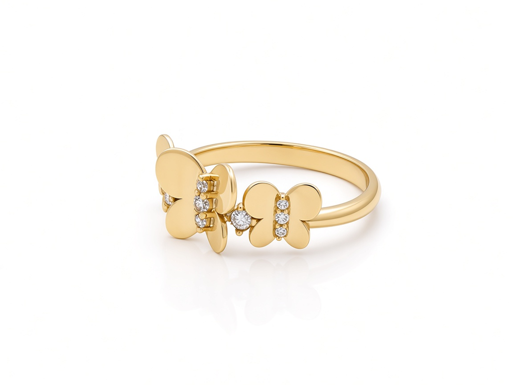 10K Yellow Gold Three Butterflies Women's Ring with Cz / Size: 7.5 / Weight: 2.2 GR / DQWR0BT-1