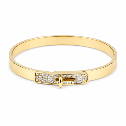 14K Yellow Gold Semisolid Fashion Bangle Bracelet with Cz / Size: 7 / Weight: 11.9 GR / DQBB4FS