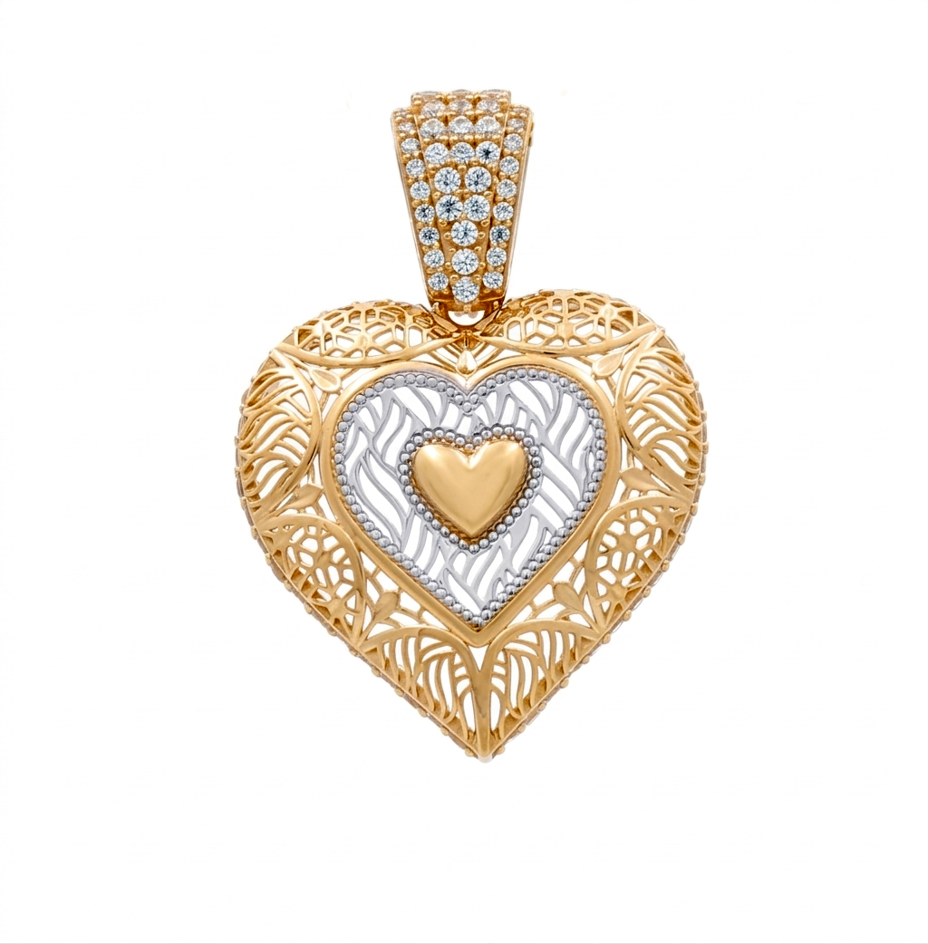 10K Yellow and White Gold Heart Pendant with Cz / Weight: 3.9 GR