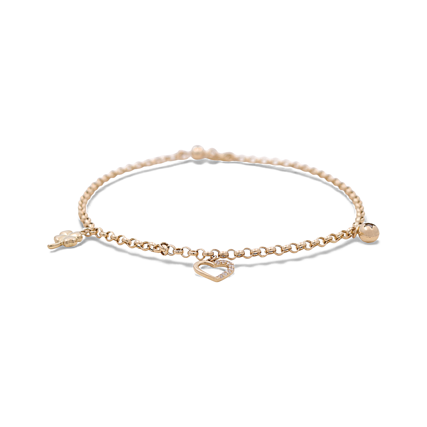 14k Yellow Gold Rolo Link Women's Anklet Bracelet with Charms and Cz / Size: 10.5" / Weight: 4.3 GR / CCFAB4FS