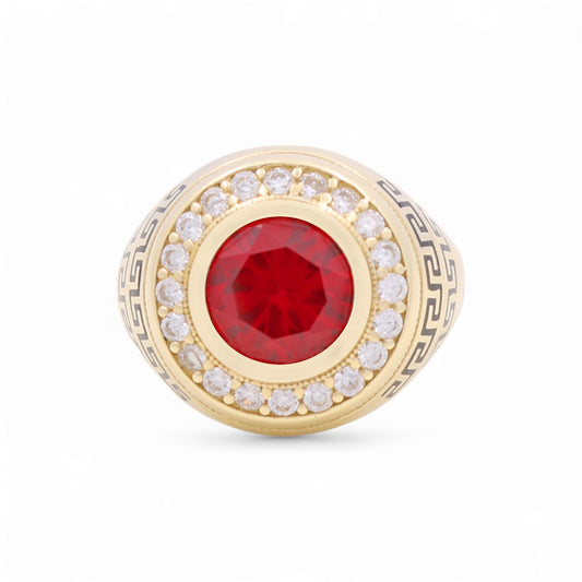 14k Round Men's Ring with Black Enamel Greek and Red Cz / Size 10.5 / Weight 8.5 GR / BOMR4FS-7