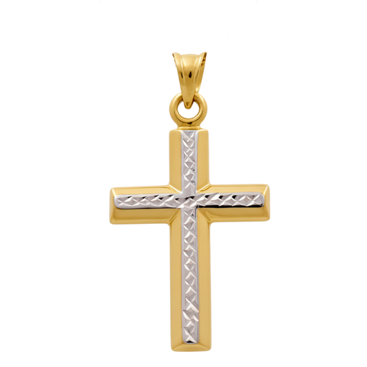 14K Yellow and White Gold Cross Pendant with Diamond Cut / Weight: 1.1 GR