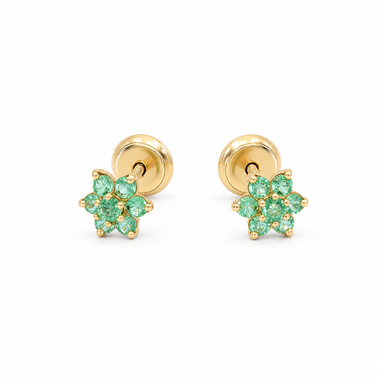 14k Yellow Gold Flower Stud Earrings with Emerald  / 6-277701PNE