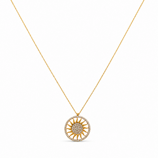 14K Yellow Gold Fashion Sun Necklace With Pendant / Size: 16" / Weight: 3.2 GR / Stone: Cz