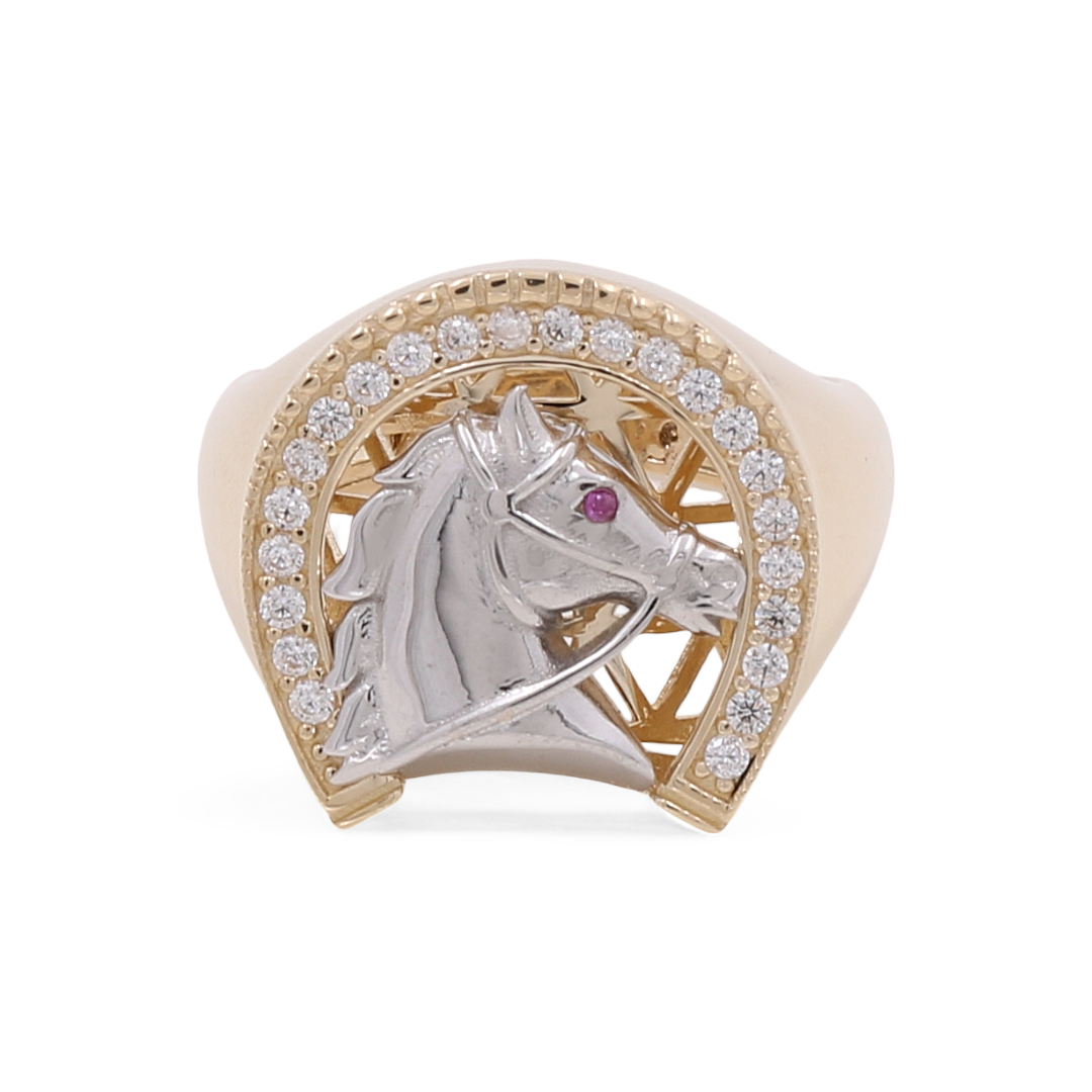 14K Yellow and White Gold Horse Shoe Men’s Ring / CZ / Size 9 / COMR4FS-22