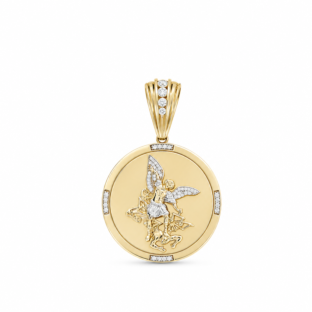 14k Yellow and White Gold San Miguel Medal Pendant with Cz / Size: Large / Weight 17.4 GR / COPDTT4SM