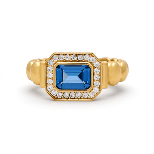 14K Yellow Gold Fashion Women's Ring with Blue Cz / Size: 7.5 / Weight: 3 GR / YRF-3839
