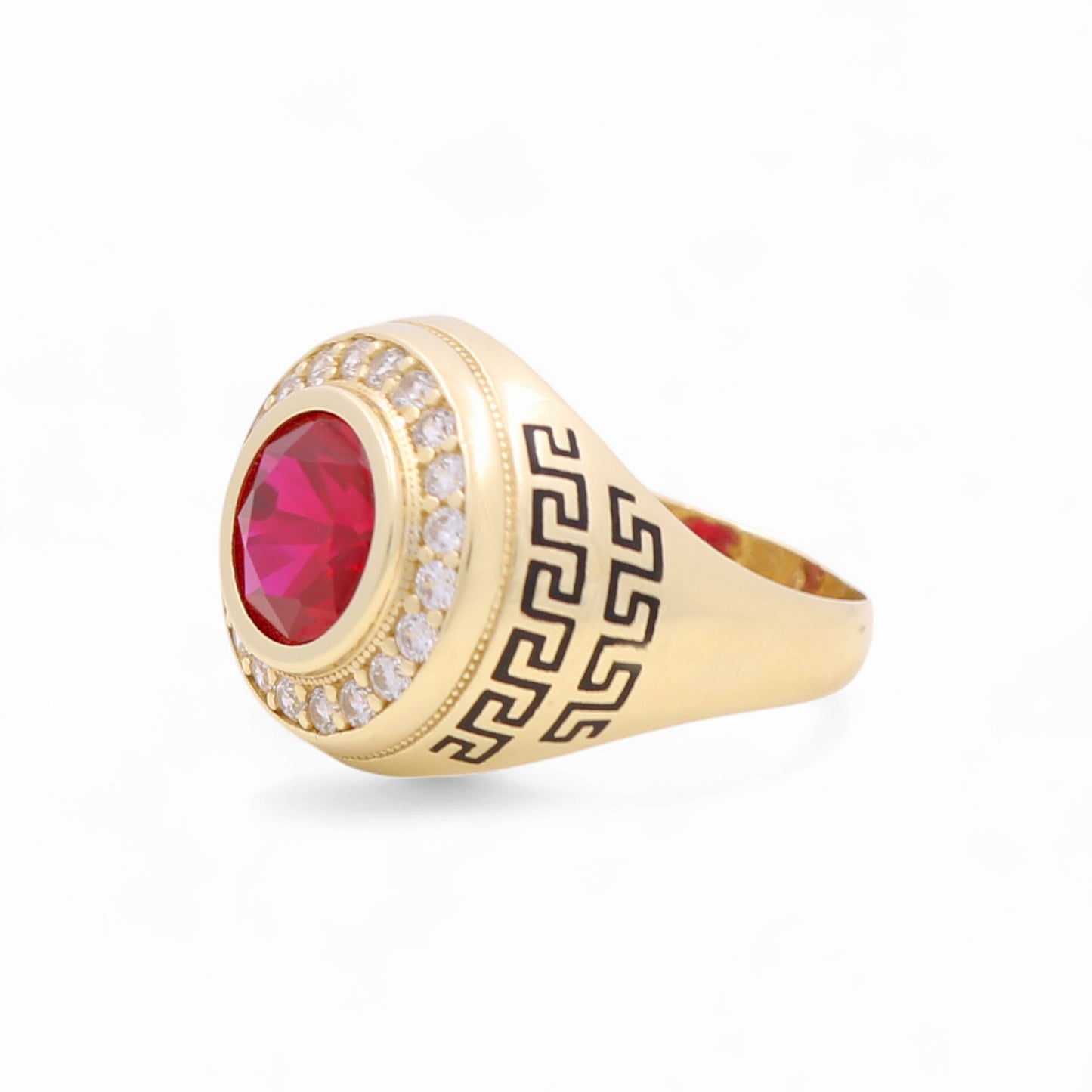 14k Round Men's Ring with Black Enamel Greek and Red Cz / Size 10.5 / Weight 8.5 GR / BOMR4FS-7