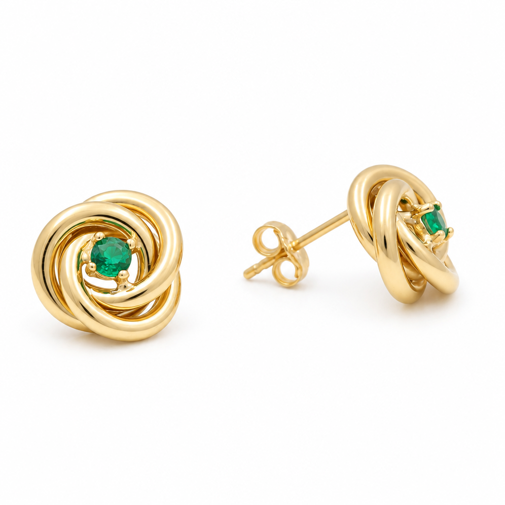 10K Yellow Gold Fashion Stud Earring with Green Stone /  Weight: 1.8 GR / DQES0FS-7