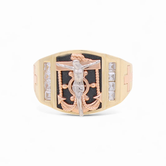 14k Three Square Christ Men's Ring with Cz / Size: 10 / Weight 8.9 GR /COMR4RCT3TOXCRCZ