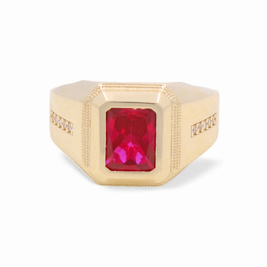 14K Yellow Gold SQ Fashion Men's Ring With Red Cz / Size: 10.5 / Weight: 5.6 GR / CPMR4FS-1