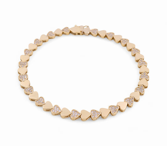 14K Yellow Gold Women's Fancy Heart Bracelet with CZ / Size: 7.5" / Weight: 8.5 GR