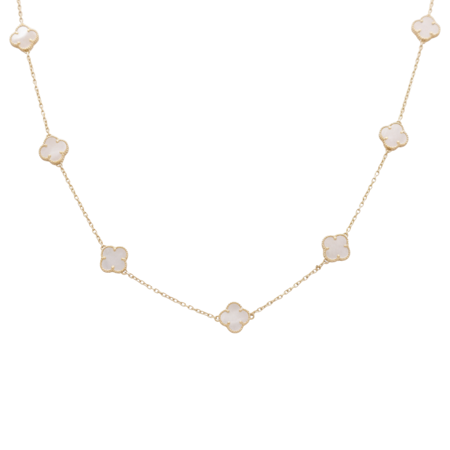14K Yellow Gold Women's Necklace with Five Mother of Pearl Small Clover / Size: 18" / Weight: 7.2 GR