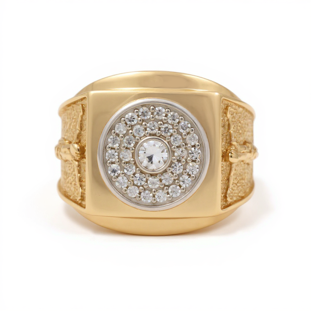 14K Yellow and White Gold Christ Men’s Ring with White Stones / Size 11 / Weight: 7.7 GR