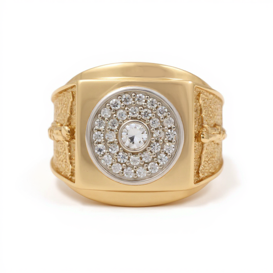 14K Yellow and White Gold Christ Men’s Ring with White Stones / Size 11 / Weight: 7.7 GR