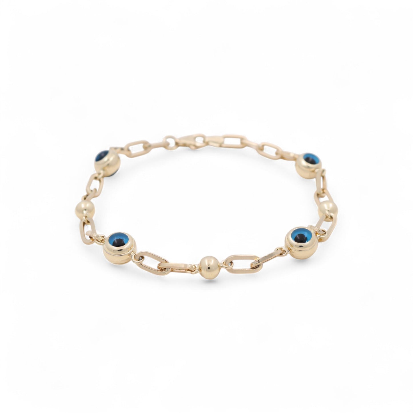 14K Yellow Gold Women's Evil Blue Eyes Paper Clip Bracelet / Size: 8" / Weight: 5.8 GR / BOWB4EYPC