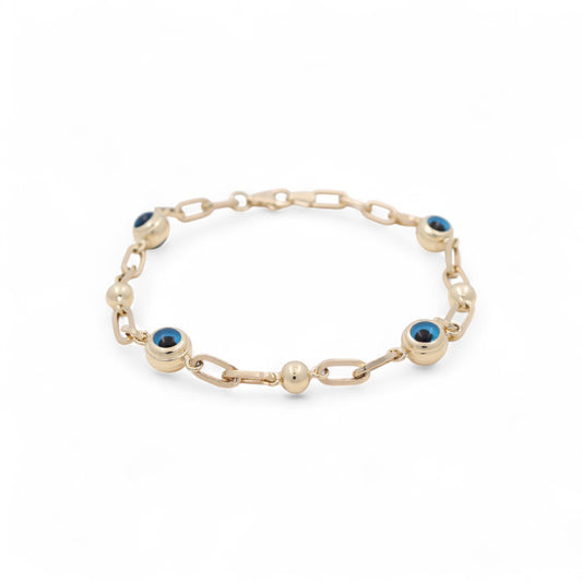14K Yellow Gold Women's Evil Blue Eyes Paper Clip Bracelet / Size: 8" / Weight: 5.8 GR / BOWB4EYPC