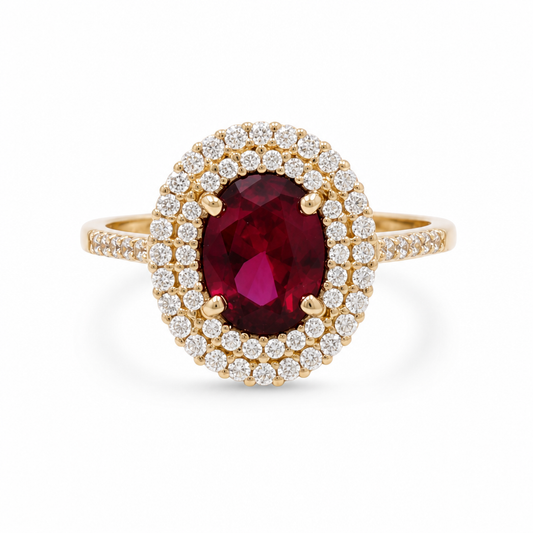 14K Yellow Gold Fashion Women's Rings with Red and White Cz Stone / Size: 7 / Weight: 3.2 GR