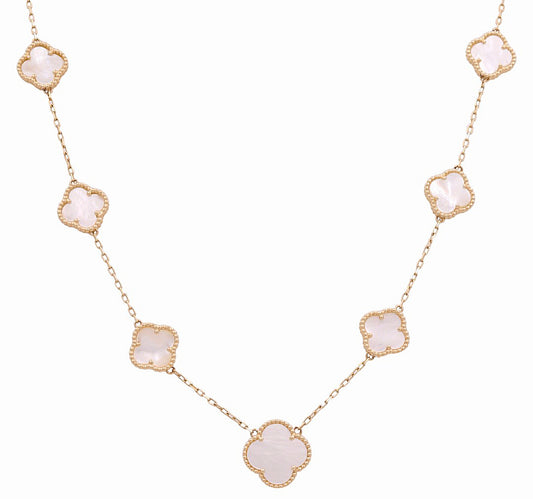 14K Yellow Gold Women's Necklace with 7 Mother of Pearl Clover