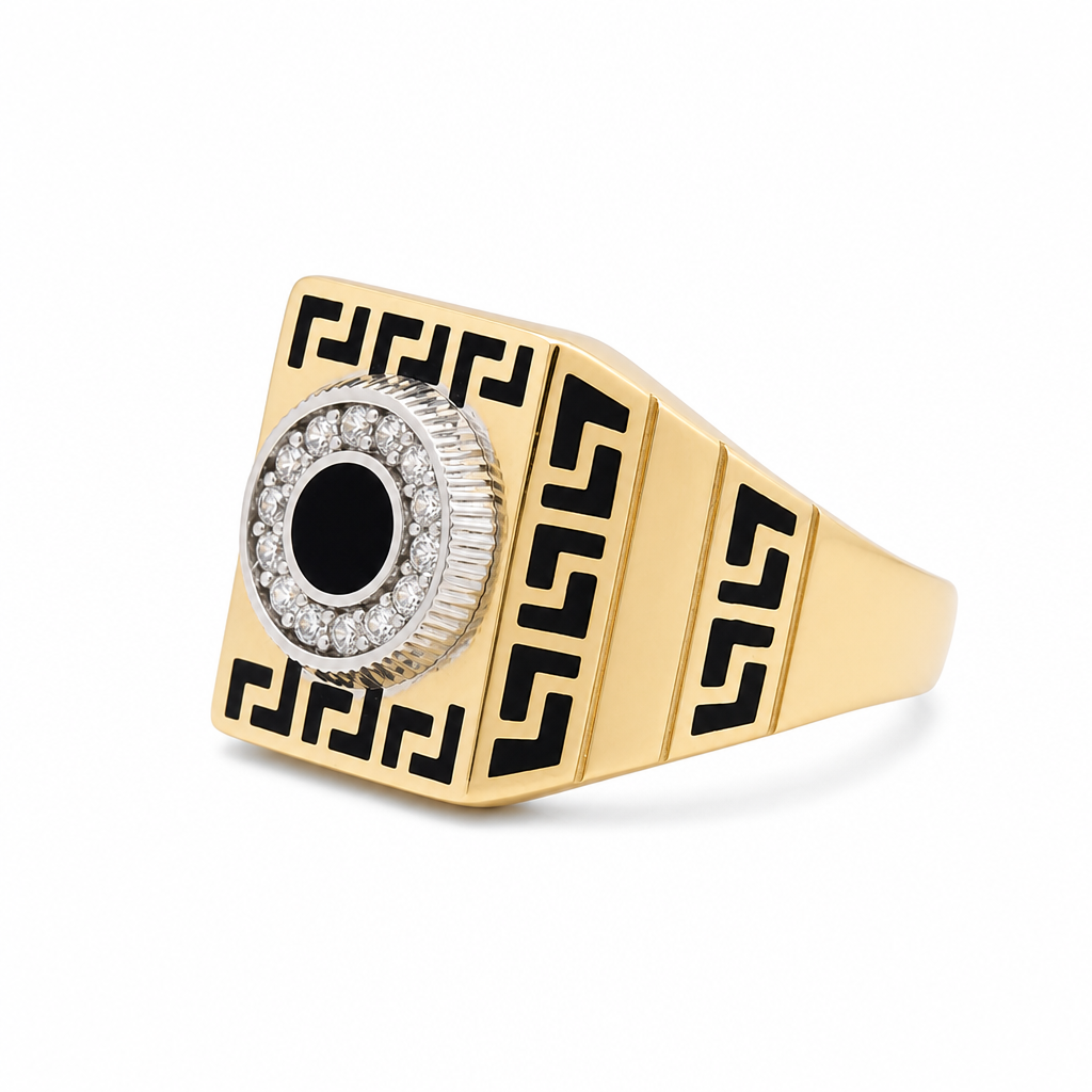 14k Yellow and White Gold Square Men's Ring with Black Enamel and Cz / Size 13 / Weight 8.5 GR