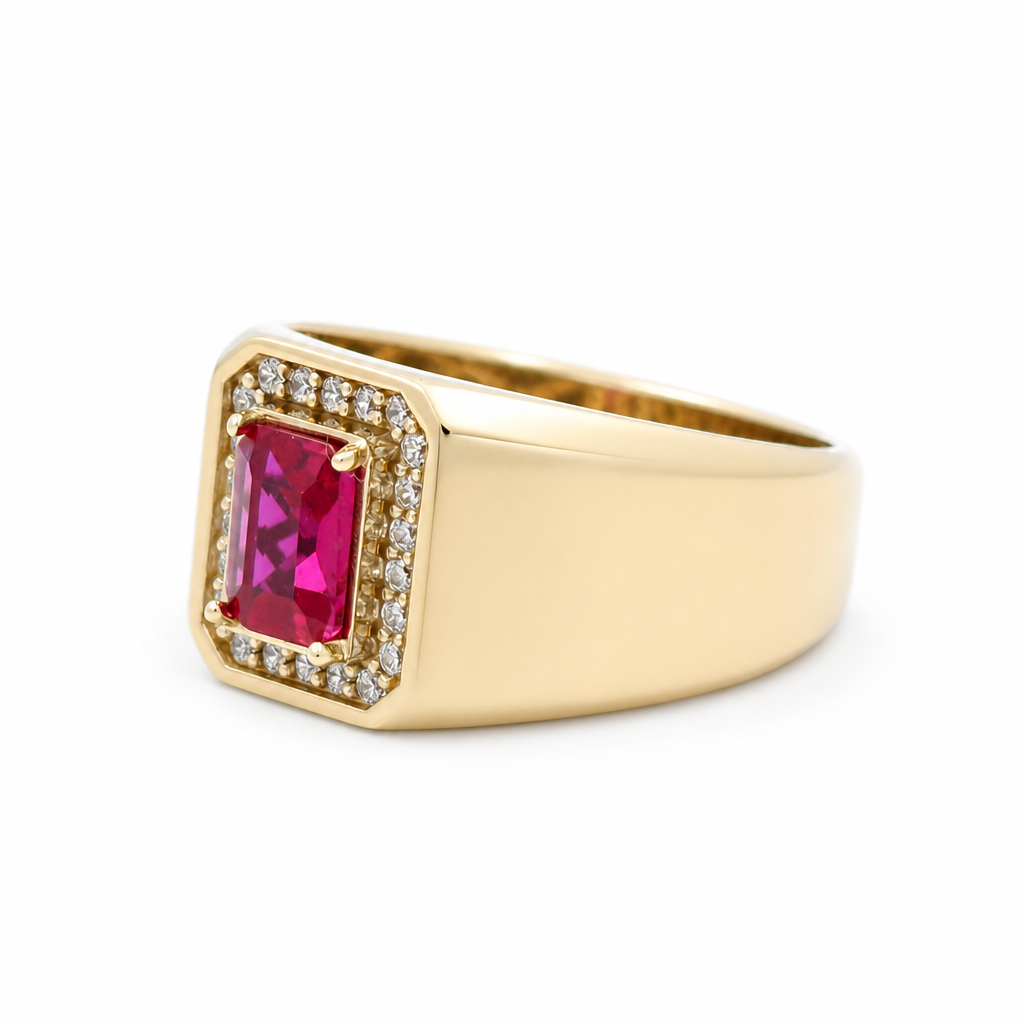 10K Yellow Gold Men's Ring with Cz and Red Stone / Size: 10 / Weight: 4.9 GR / 602-00212