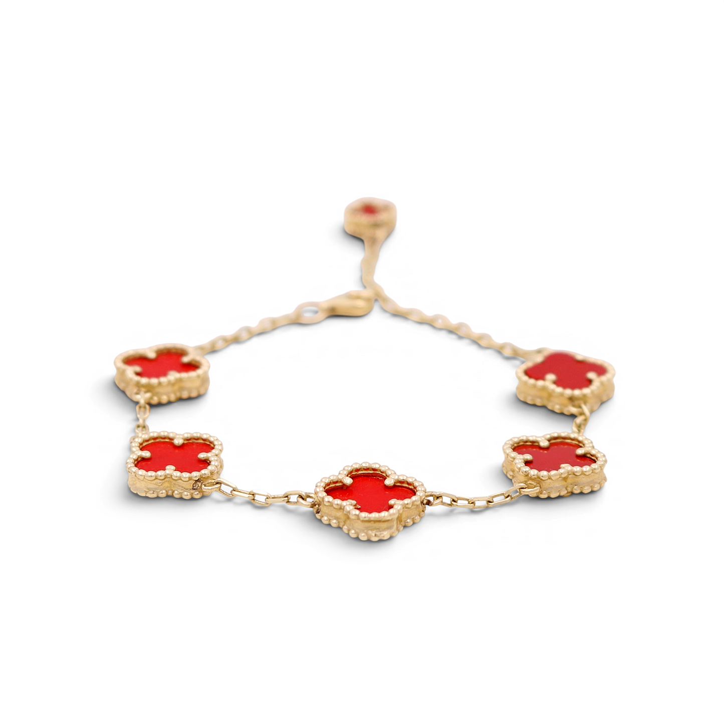 14K Yellow Gold Women's Bracelet with 5 Red Clover / Size 7" / Weight 8.7 GR