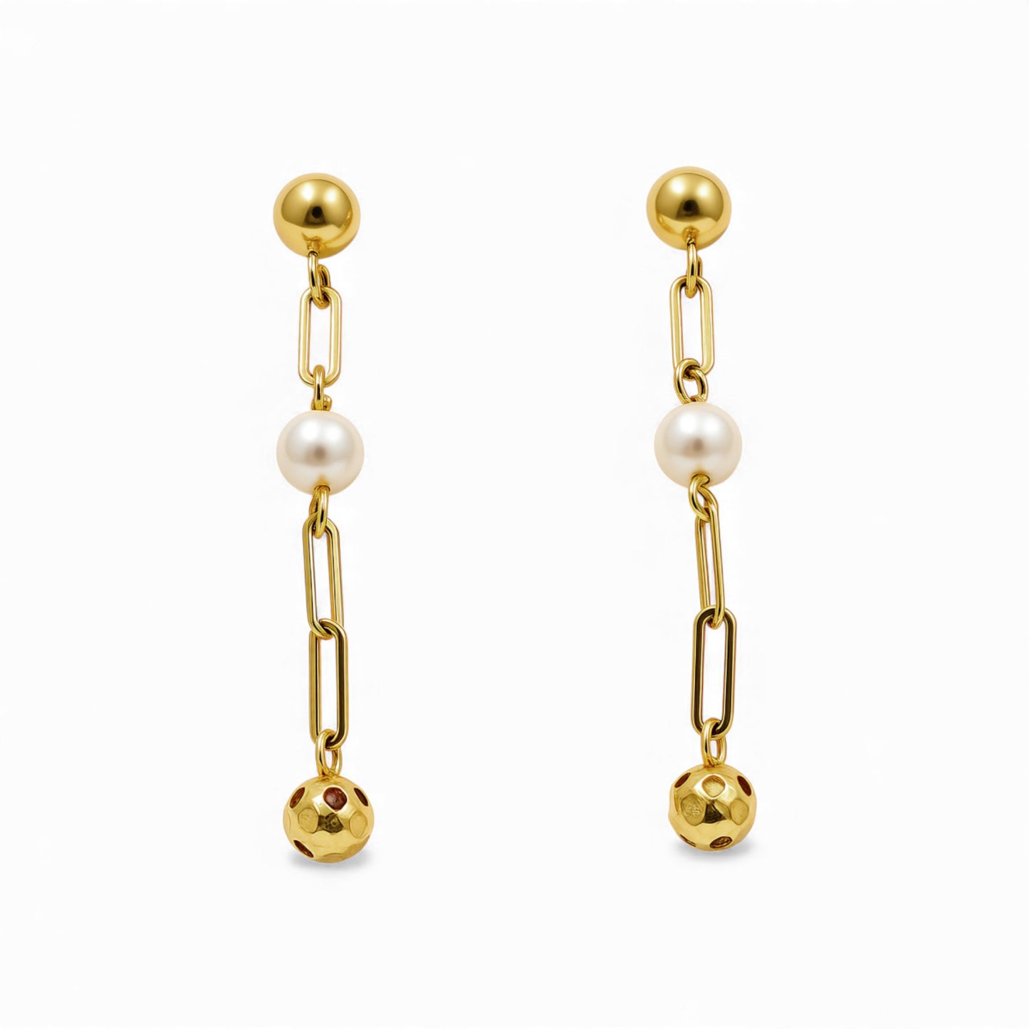 14k Yellow Gold Fashion Paper Clip Stud Earrings with Balls and Pearl / Weight: 1.5 GR / CCFES4PC