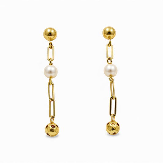14k Yellow Gold Fashion Paper Clip Stud Earrings with Balls and Pearl / Weight: 1.5 GR / CCFES4PC