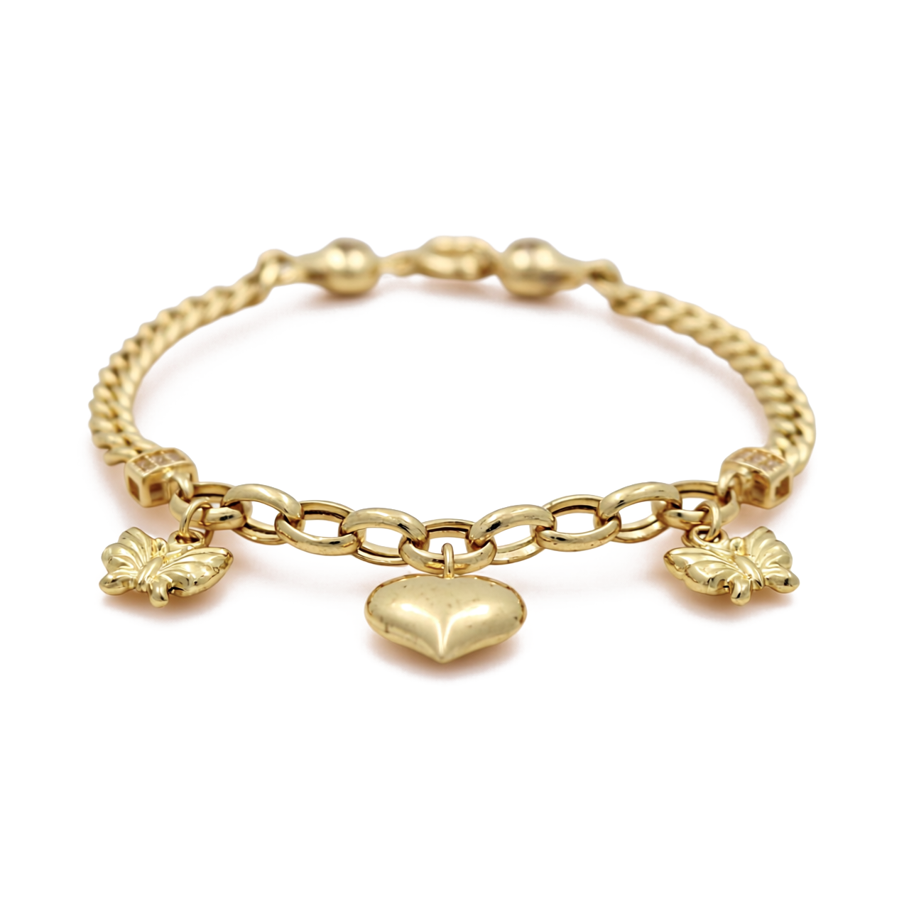 14K Yellow Gold Fashion Women's Bracelet with Hanging Heart and Butterflies / Size: 7.5" / Weight: 7.6 GR / DOWB4HRBT