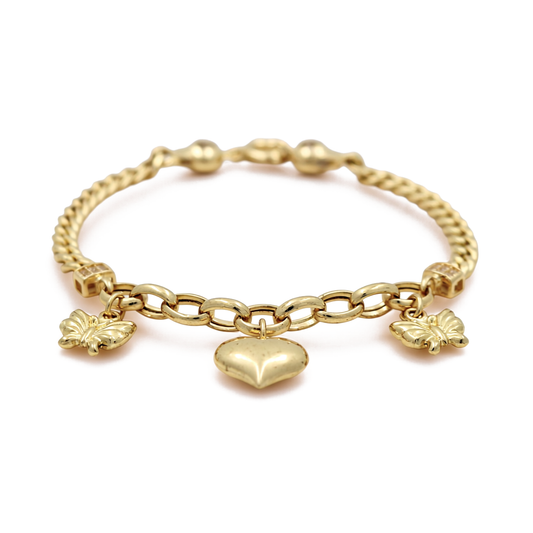 14K Yellow Gold Fashion Women's Bracelet with Hanging Heart and Butterflies / Size: 7.5" / Weight: 7.6 GR