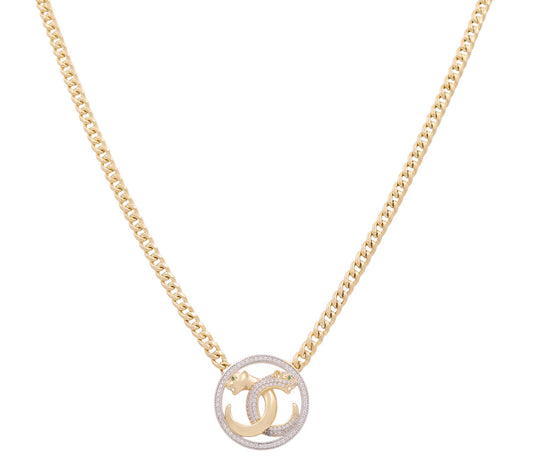 14K Yellow Gold Cuban Link Women's CC Necklace with Panthers and Cz / Size: 18" / Weight: 15.4 GR / DONK4CCPT