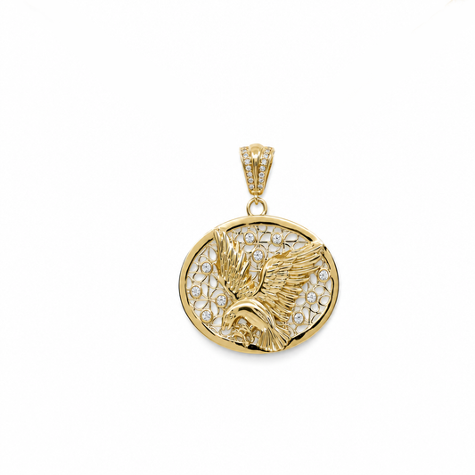 10K Yellow Gold Oval Pendant with Eagle & Cz Stone  / Weight: 3.4 GR / P24-34