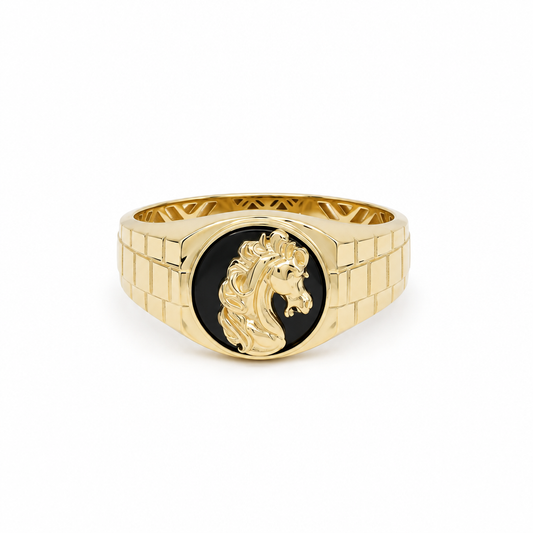 14K Yellow Gold Horse Men’s Ring with Onyx / Size 10.5 / Weight: 4.6 GR / DQMR4HRS