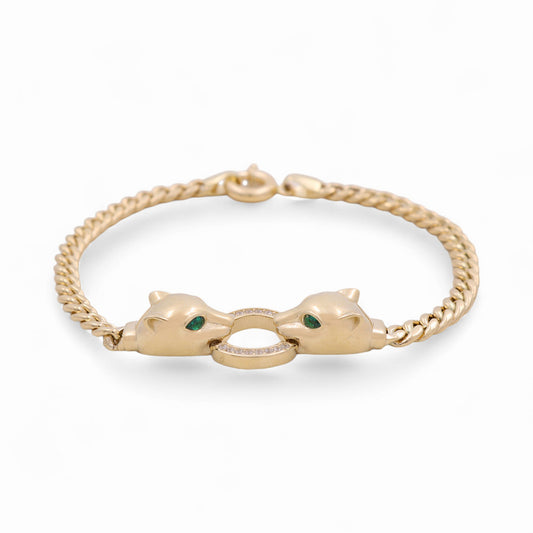 14K Yellow Gold Cuban Link Women's Bracelet with Panthers and Cz / Size: 7.5" / Weight: 7.2 GR / DOWB4CLPT